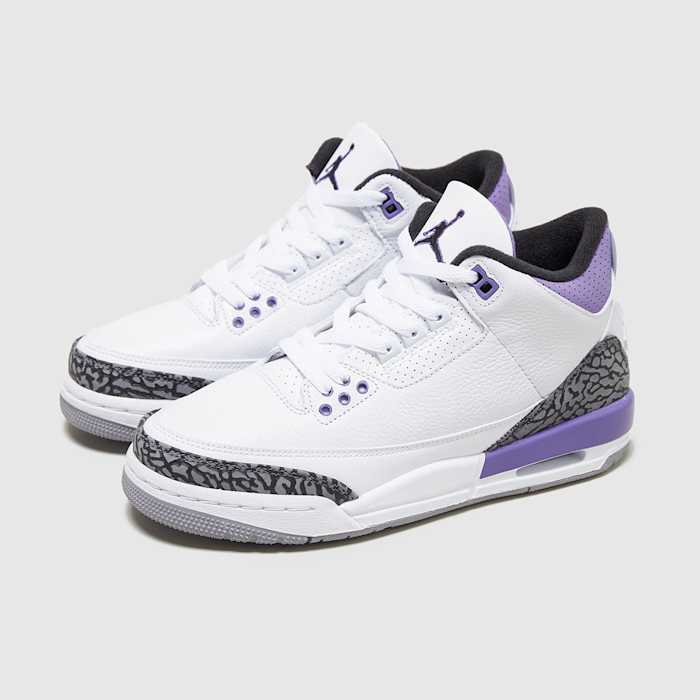 Air Jordan 3 'Dark Iris' drops on August 24, 2022, for $200. The white and purple sneakers pay a subtle nod to Los Angeles Lakers legend Kobe Bryant.
